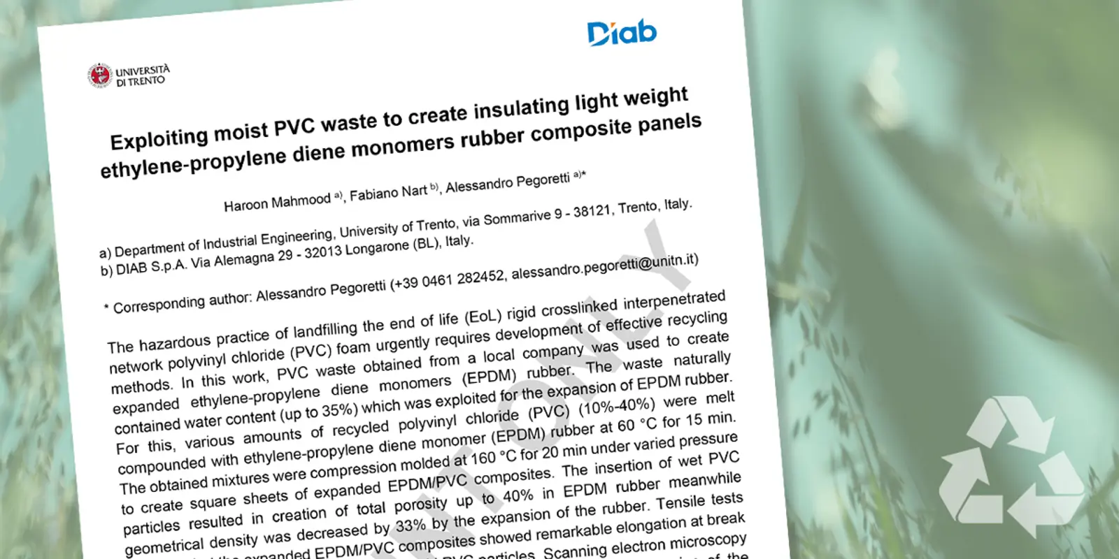 Study on waste recycling of PVC based foam waste from Diab Italy